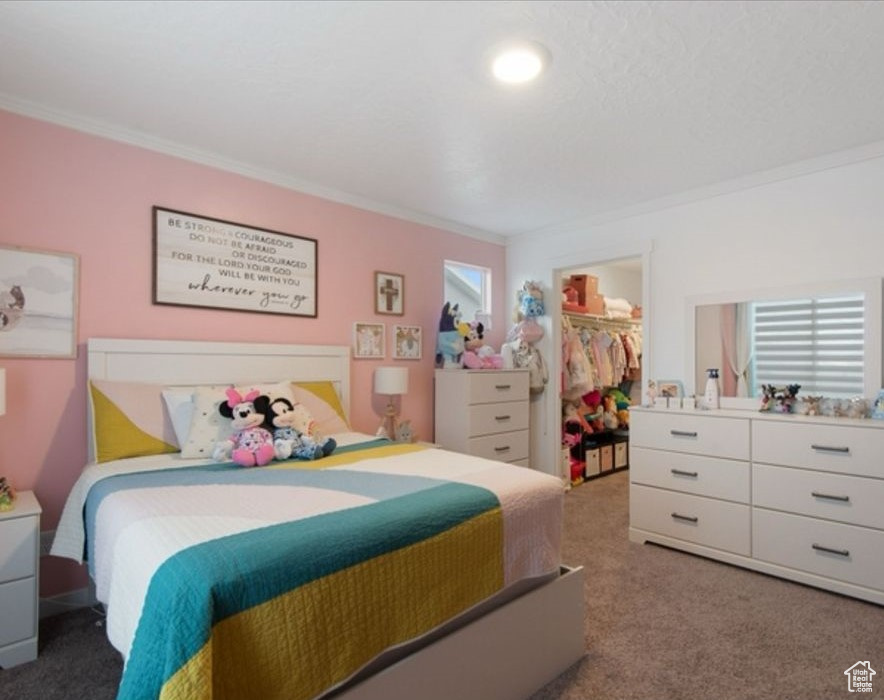 Bedroom featuring crown molding, carpet, a walk in closet, and a closet