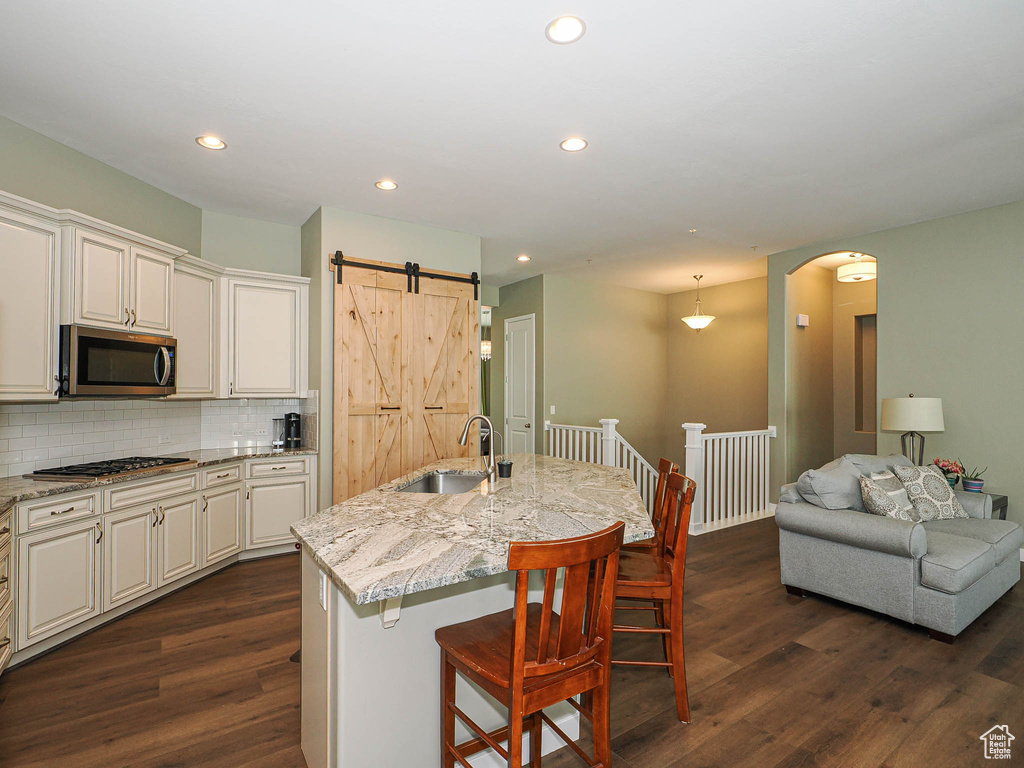Kitchen with stainless steel appliances, dark wood-style flooring, tasteful backsplash, light stone counters, and recessed lighting