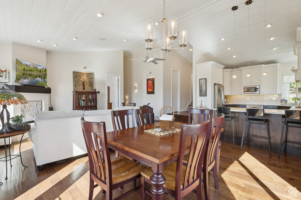 Dining room featuring dark wood-type flooring, recessed lighting, a chandelier, lofted ceiling, and wooden ceiling
