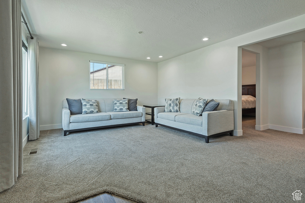 Living room featuring carpet floors, recessed lighting, and a textured ceiling
