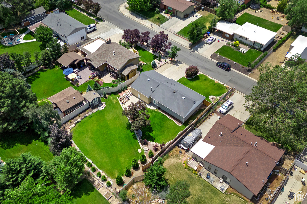 Aerial overview of property's location with nearby suburban area