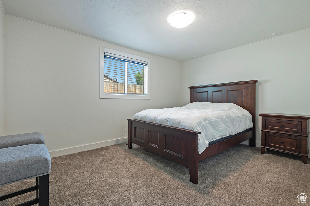 Bedroom with carpet flooring and ornamental molding