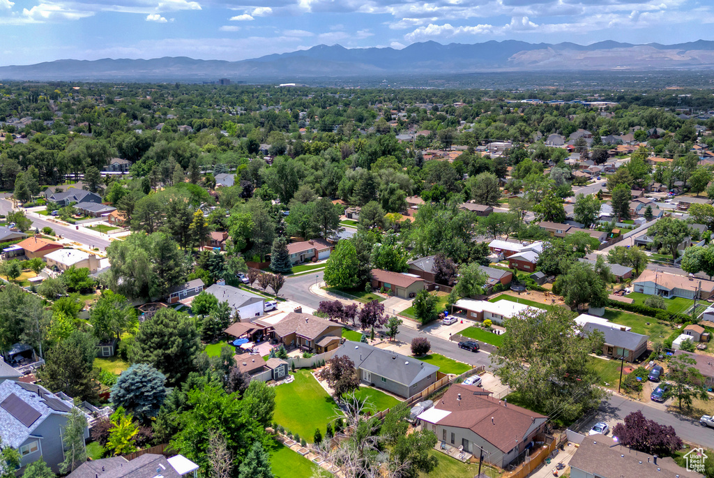 Aerial perspective of suburban area featuring mountains