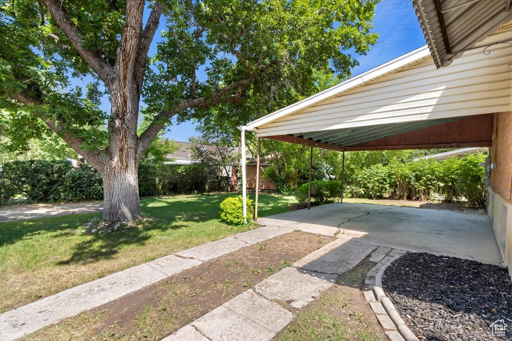 View of grassy yard with a patio