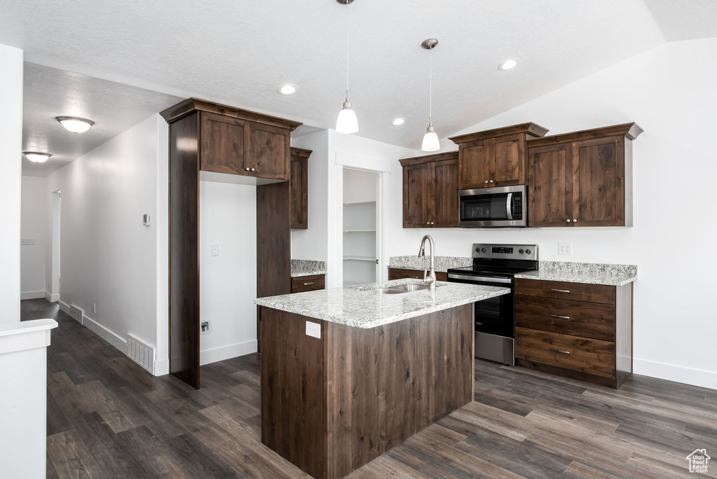 Kitchen with appliances with stainless steel finishes, dark brown cabinetry, dark wood-type flooring, lofted ceiling, and recessed lighting
