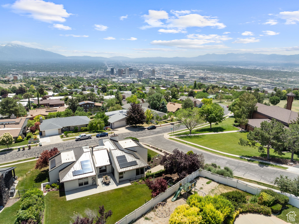 Drone / aerial view of a mountainous background