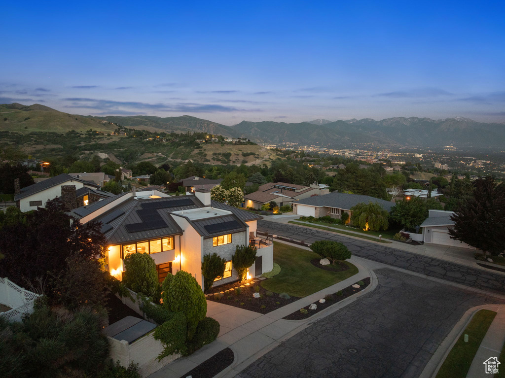 Aerial view at dusk of a mountain view
