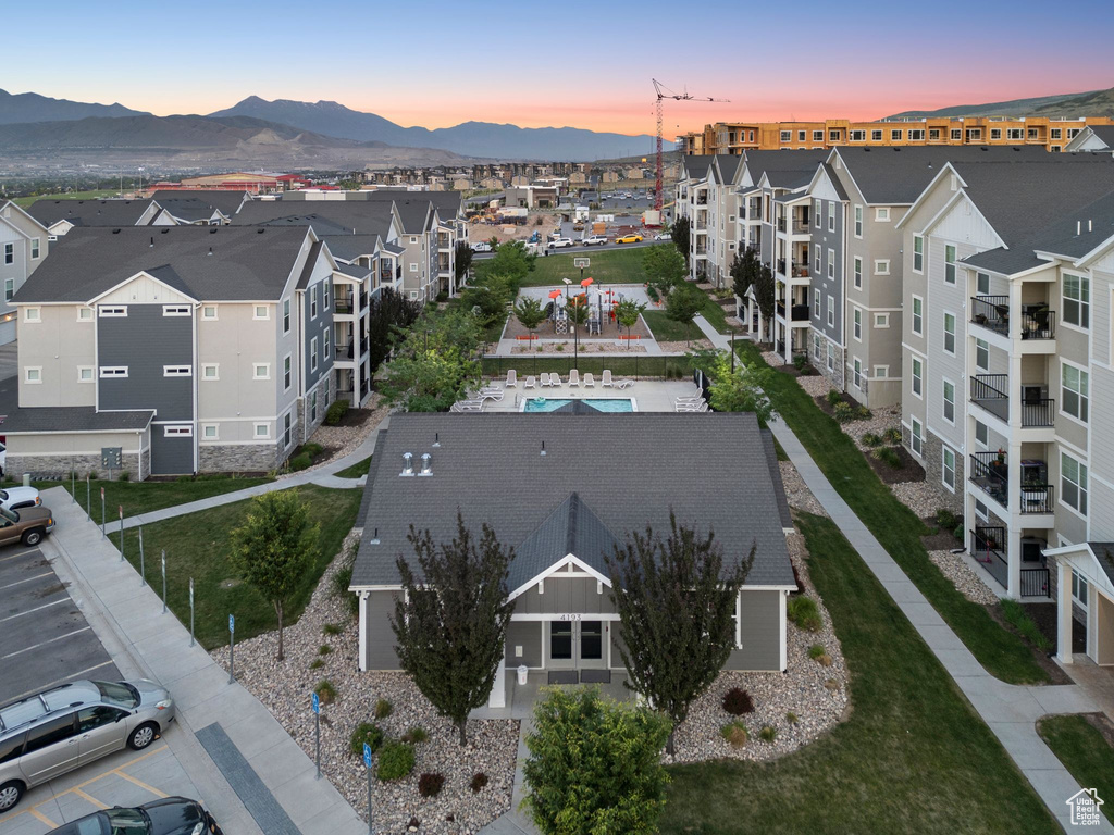 Aerial view at dusk of a mountain view