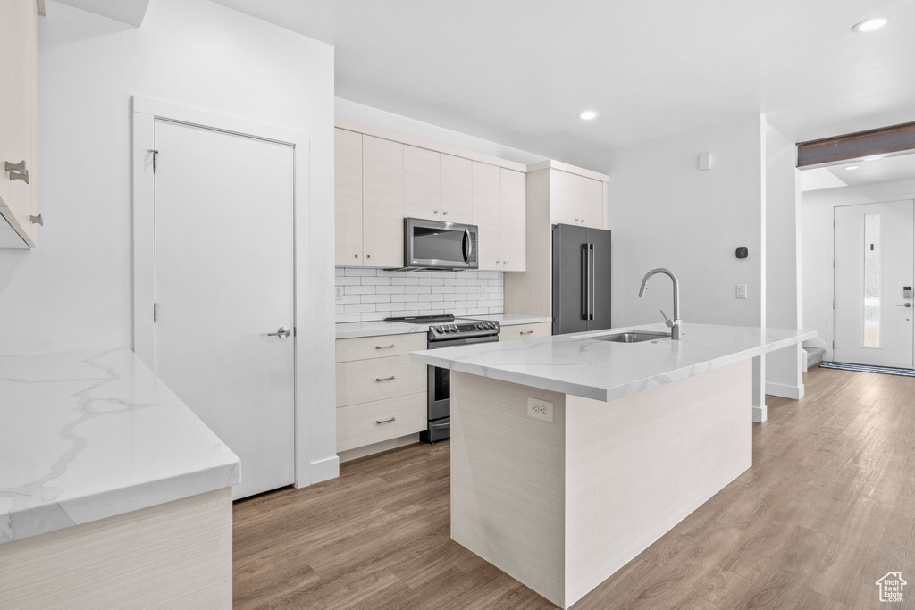 Kitchen with stainless steel appliances, light wood-type flooring, backsplash, recessed lighting, and a kitchen island with sink