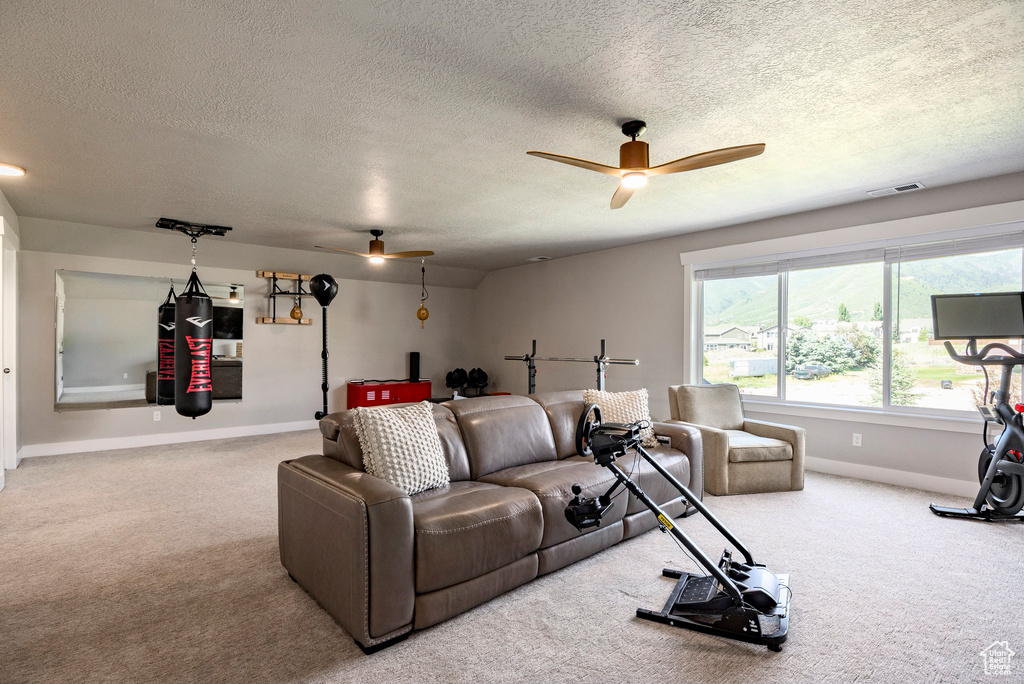 Carpeted living area featuring a ceiling fan and a textured ceiling
