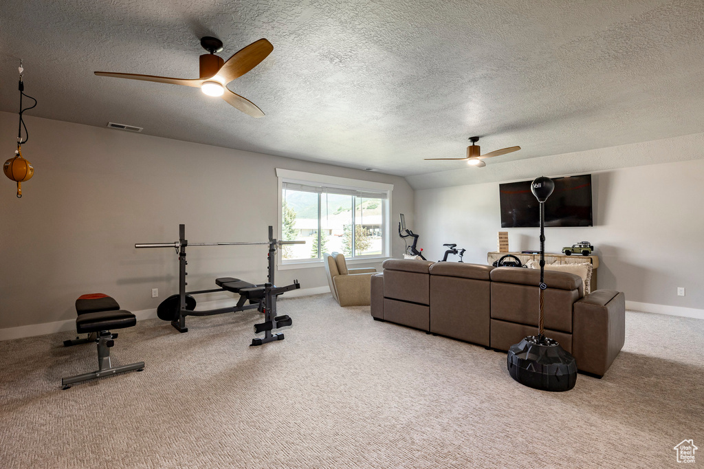 Exercise room with ceiling fan, a textured ceiling, and carpet flooring