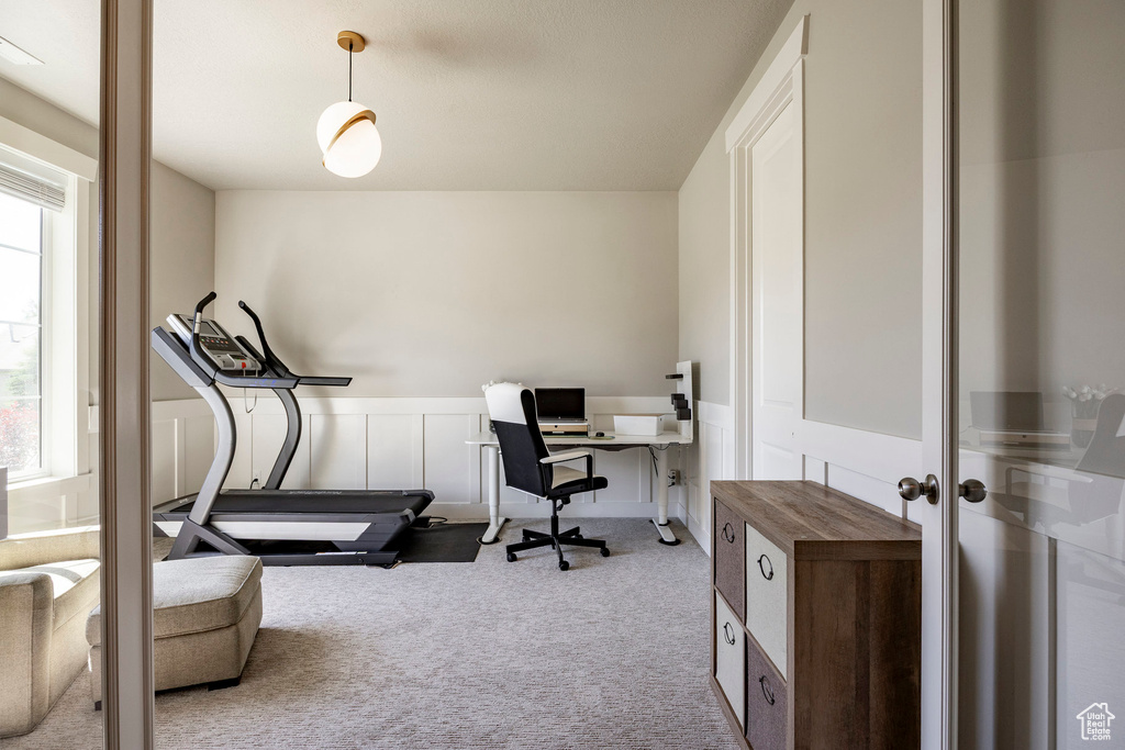 Office space featuring carpet floors, plenty of natural light, and a wainscoted wall