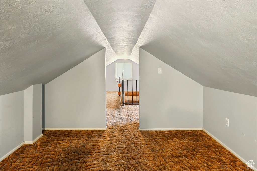 Additional living space with carpet, a textured ceiling, baseboards, and lofted ceiling