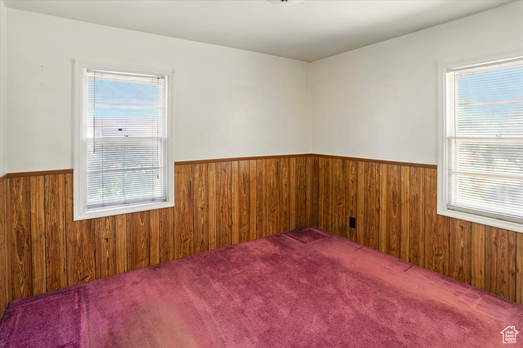 Empty room with a wainscoted wall, wooden walls, and carpet
