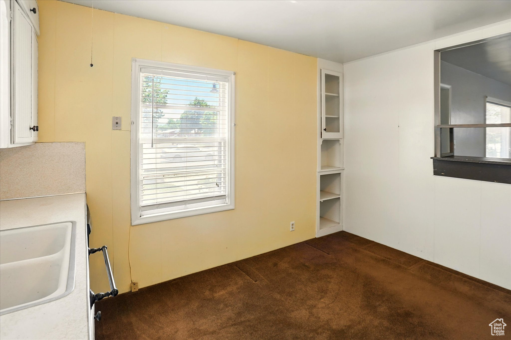 Empty room with a sink, healthy amount of natural light, and dark carpet