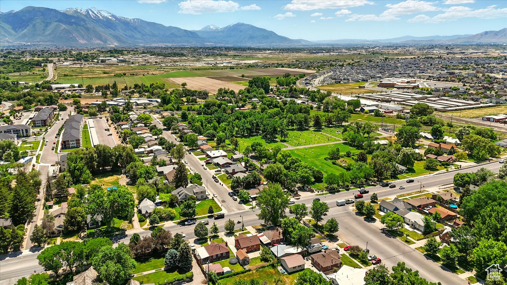 Aerial perspective of suburban area with mountains
