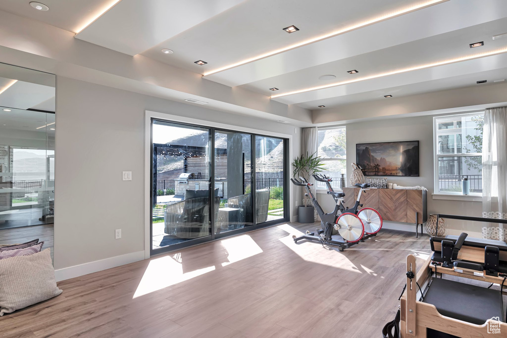 Workout room with wood finished floors and recessed lighting