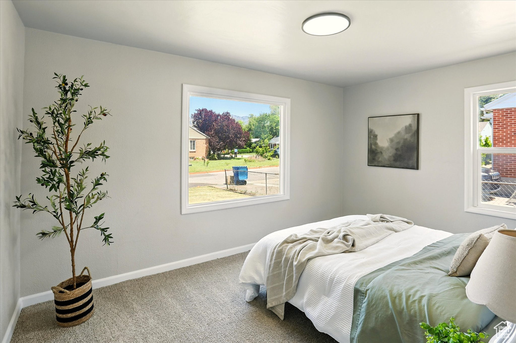 Carpeted bedroom featuring baseboards