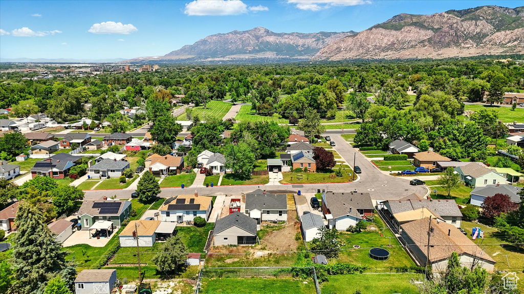 Aerial view of residential area with mountains