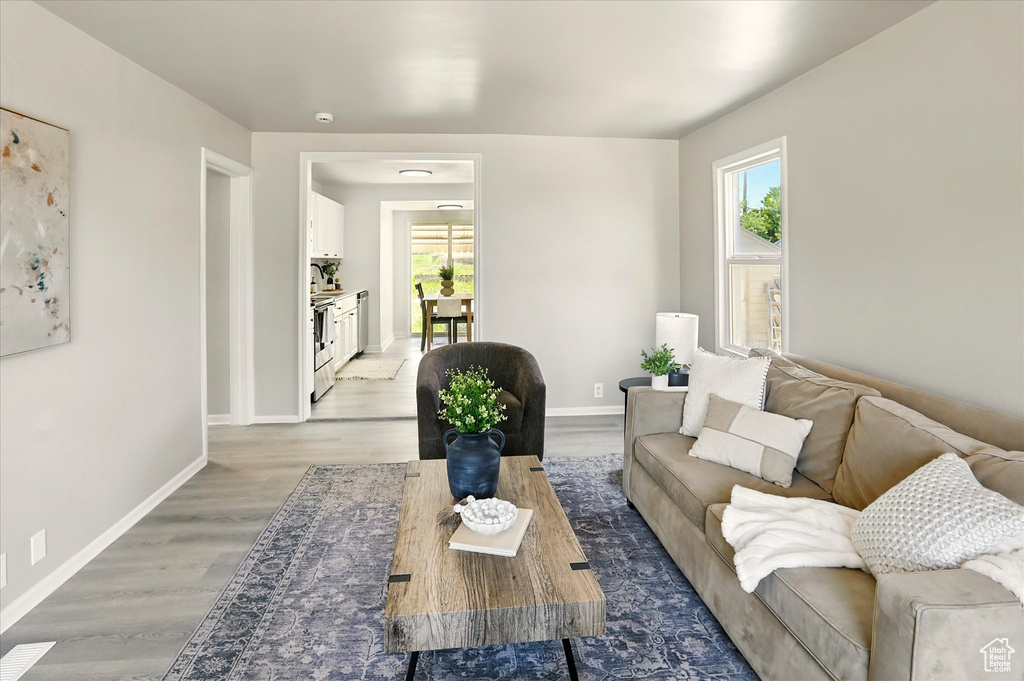 Living room featuring plenty of natural light and light wood-style floors