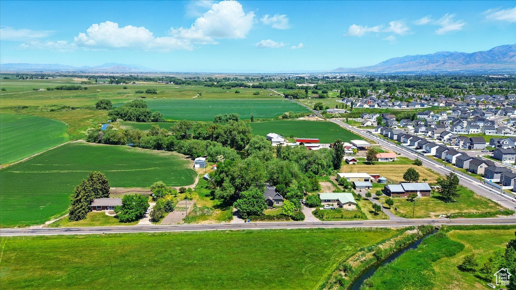 Aerial view of residential area with mountains