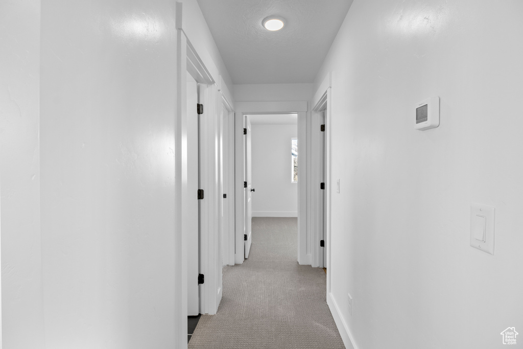 Hallway featuring carpet floors and baseboards