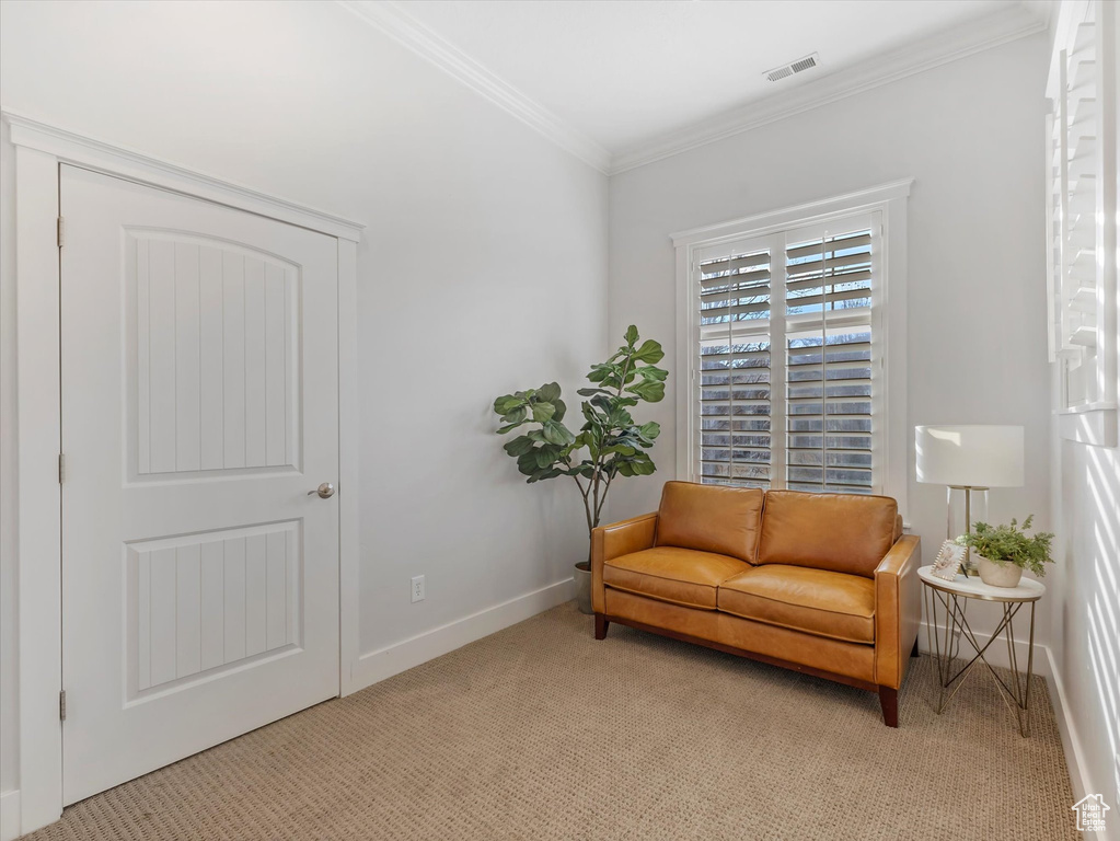 Sitting room featuring light carpet, ornamental molding, and baseboards