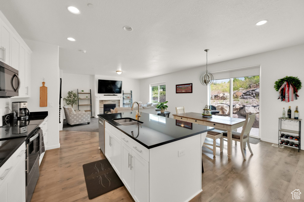Kitchen with dark countertops, appliances with stainless steel finishes, a fireplace, wood finished floors, and recessed lighting