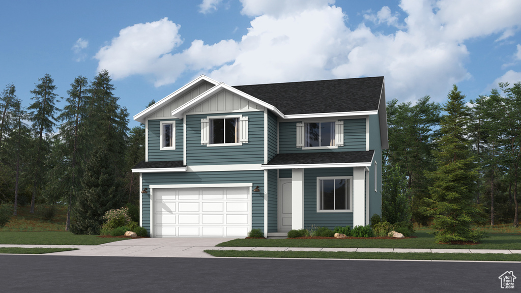 View of front of home featuring concrete driveway, a shingled roof, an attached garage, and board and batten siding