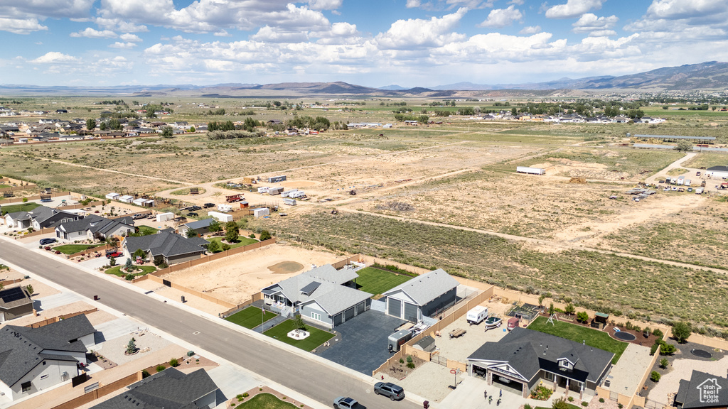 Aerial perspective of suburban area with mountains