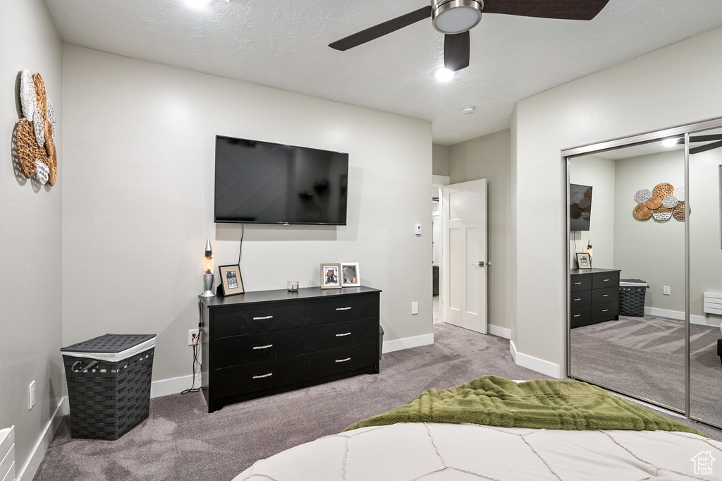 Carpeted bedroom with a closet and a ceiling fan