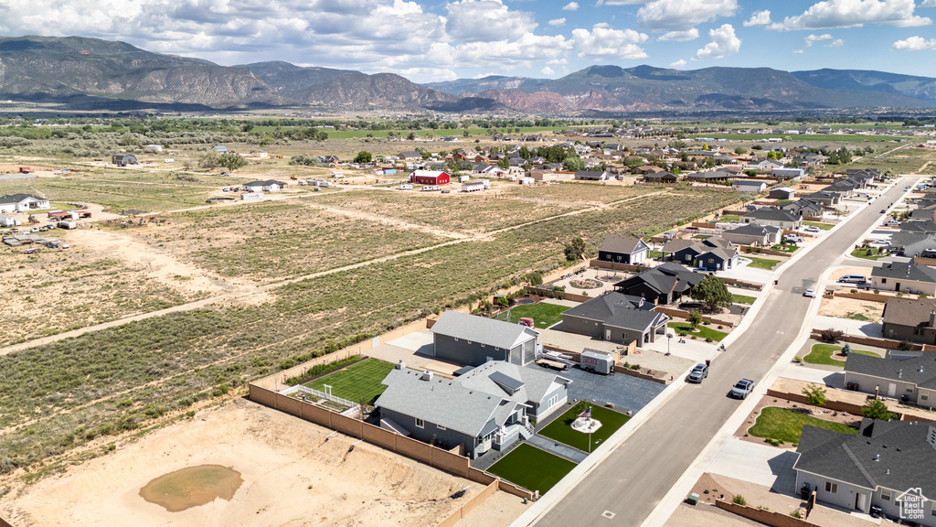 Aerial view of residential area with mountains