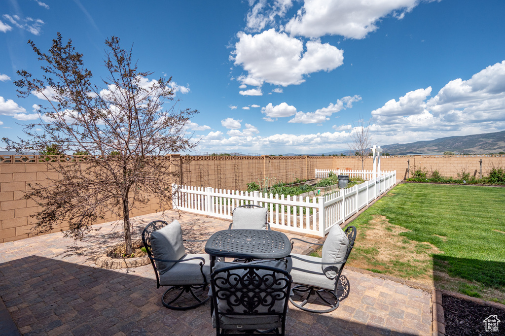 Fenced backyard with a patio and outdoor dining space
