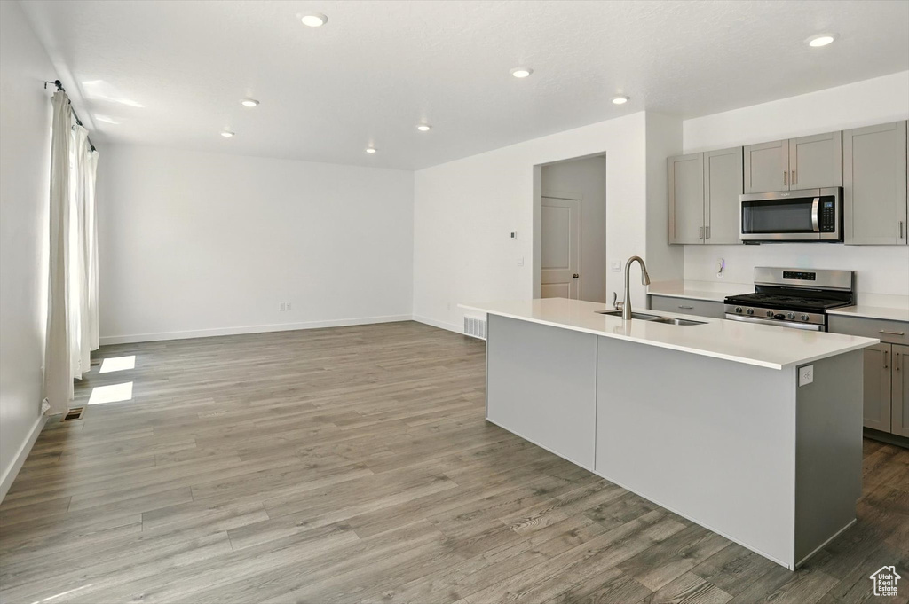 Kitchen featuring stainless steel appliances, gray cabinets, light wood-style flooring, an island with sink, and recessed lighting