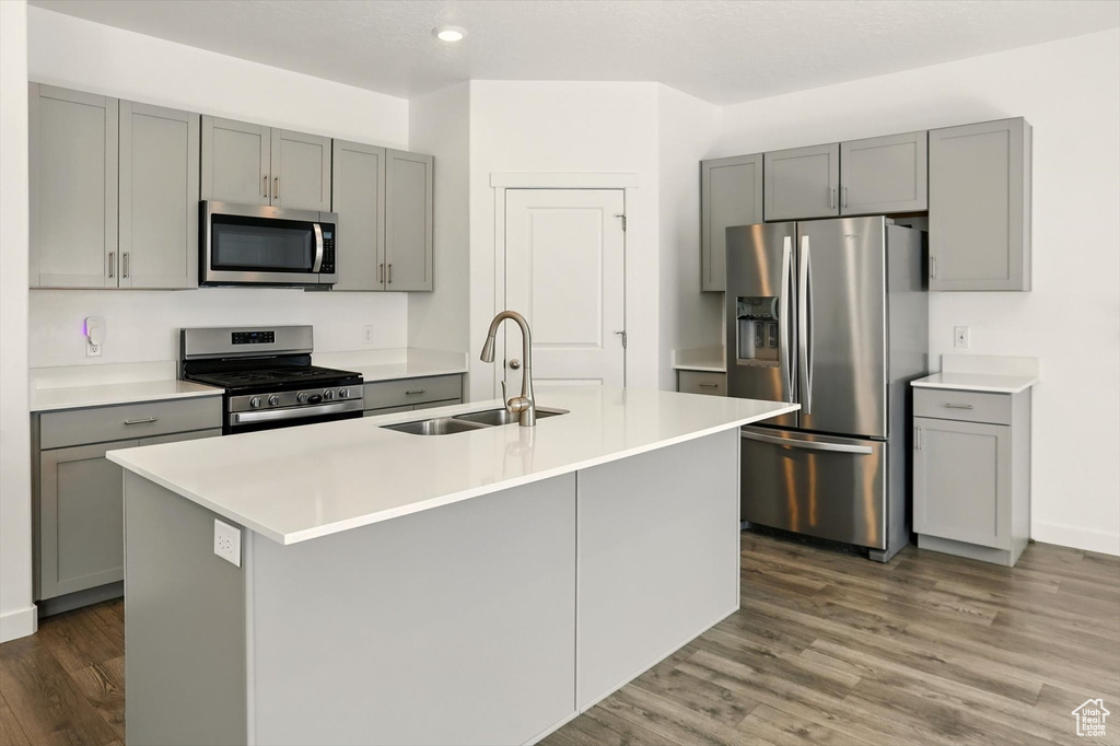 Kitchen featuring appliances with stainless steel finishes, gray cabinets, wood finished floors, and recessed lighting