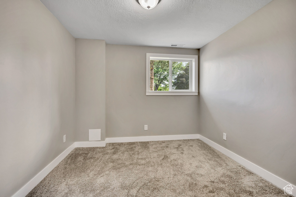 Carpeted spare room featuring a textured ceiling and baseboards
