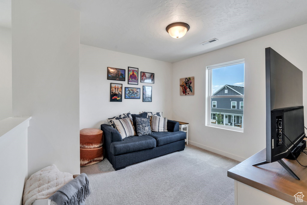 Living area with carpet floors and baseboards