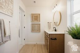 Bathroom featuring vanity and wood finished floors