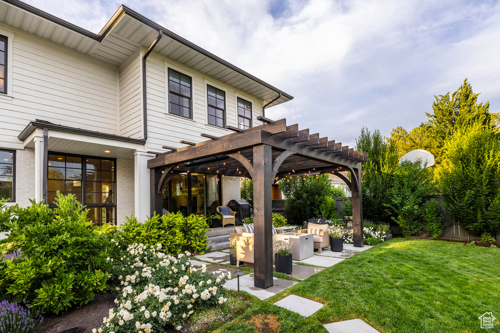 View of patio / terrace with a pergola and outdoor lounge area
