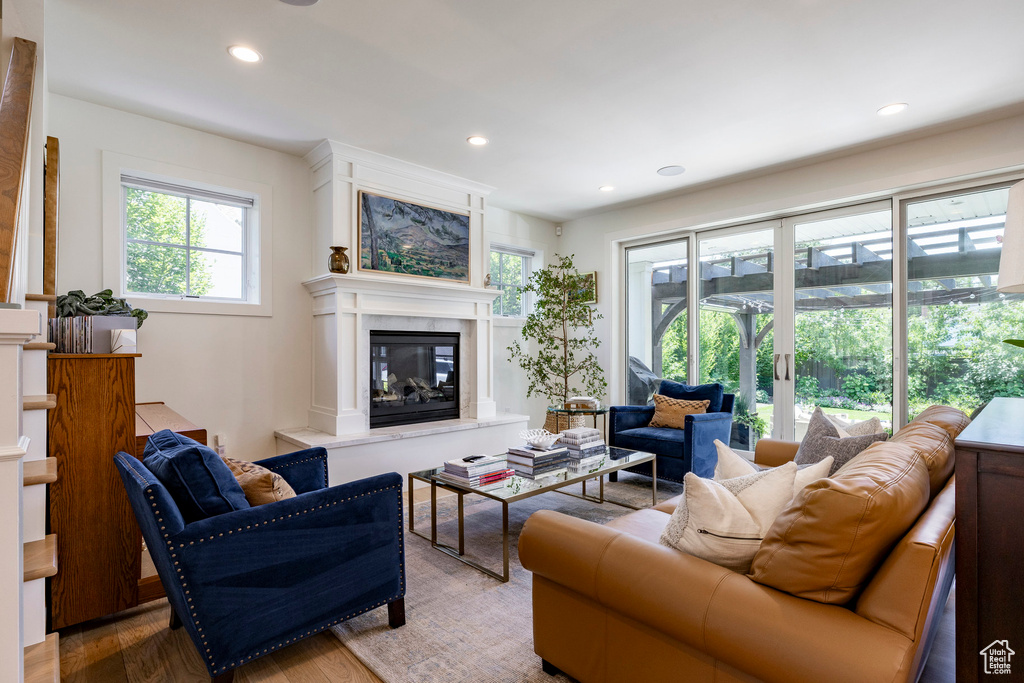 Living area featuring wood finished floors, recessed lighting, and a high end fireplace