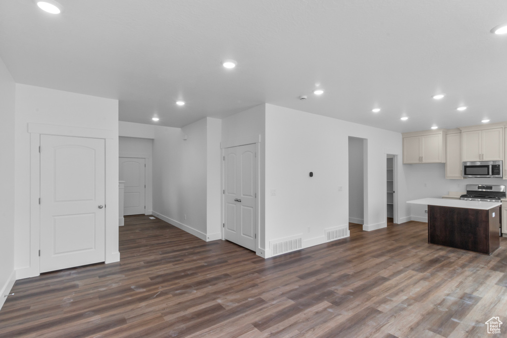 Kitchen with stainless steel appliances, dark wood finished floors, a center island, recessed lighting, and light countertops