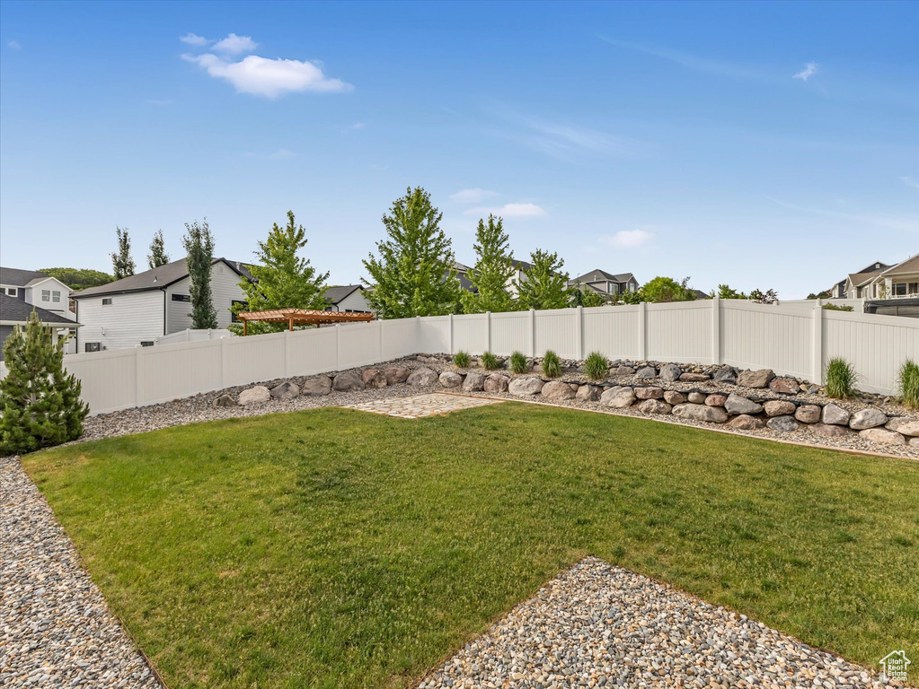 Fenced backyard featuring a residential view