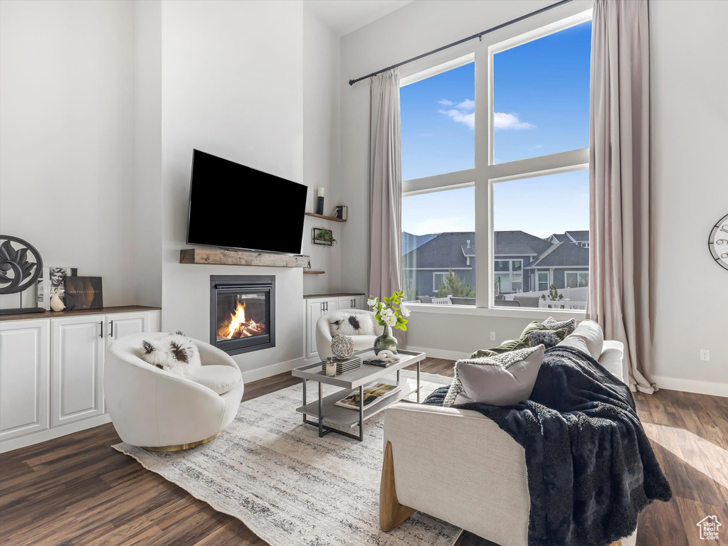 Living area featuring wood finished floors, a glass covered fireplace, and a high ceiling