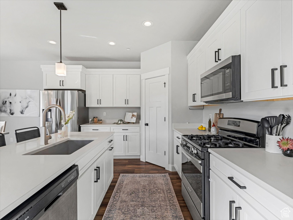 Kitchen with appliances with stainless steel finishes, dark wood finished floors, light countertops, recessed lighting, and white cabinetry
