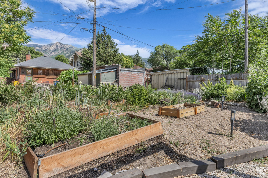 View of yard with a garden and a mountain view
