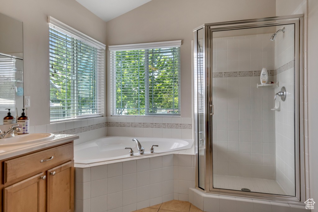 Full bathroom with plenty of natural light and vanity