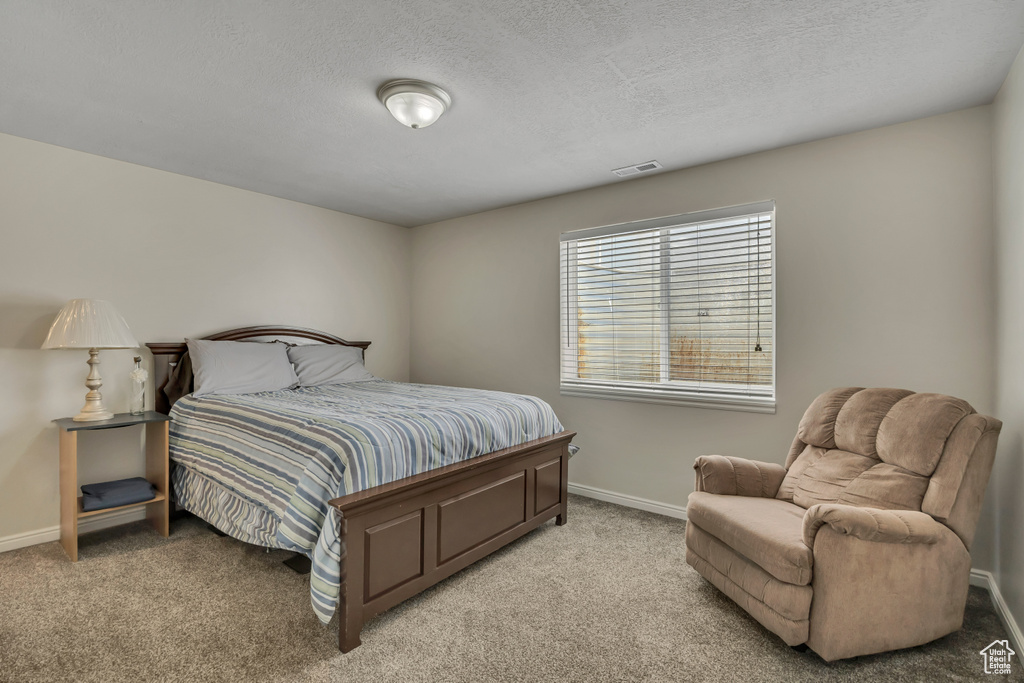 Bedroom featuring light colored carpet and a textured ceiling