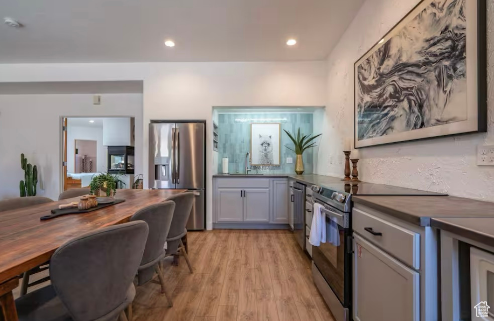 Kitchen with stainless steel appliances, butcher block countertops, light wood-type flooring, a sink, and recessed lighting