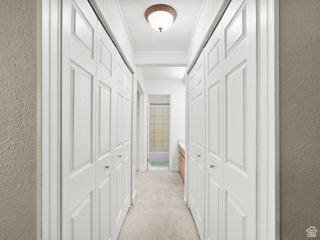 Hall featuring light colored carpet, a textured wall, and ornamental molding