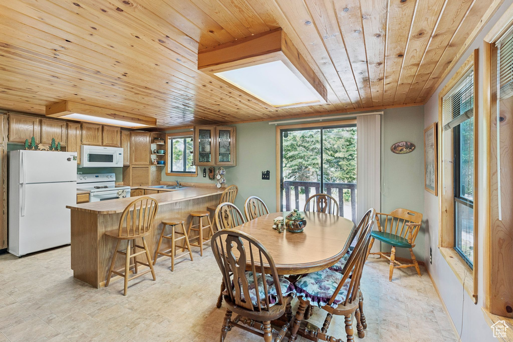 Dining area featuring wood ceiling